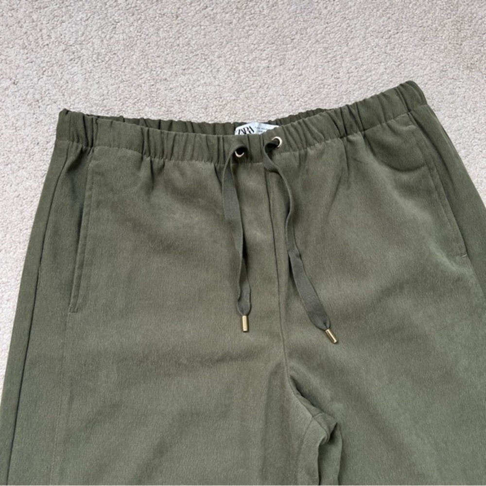 Zara Textured Faux Suede Wide Leg Pants Green Dark Khaki 8372/245/507 Sz XL - Picture 5 of 10